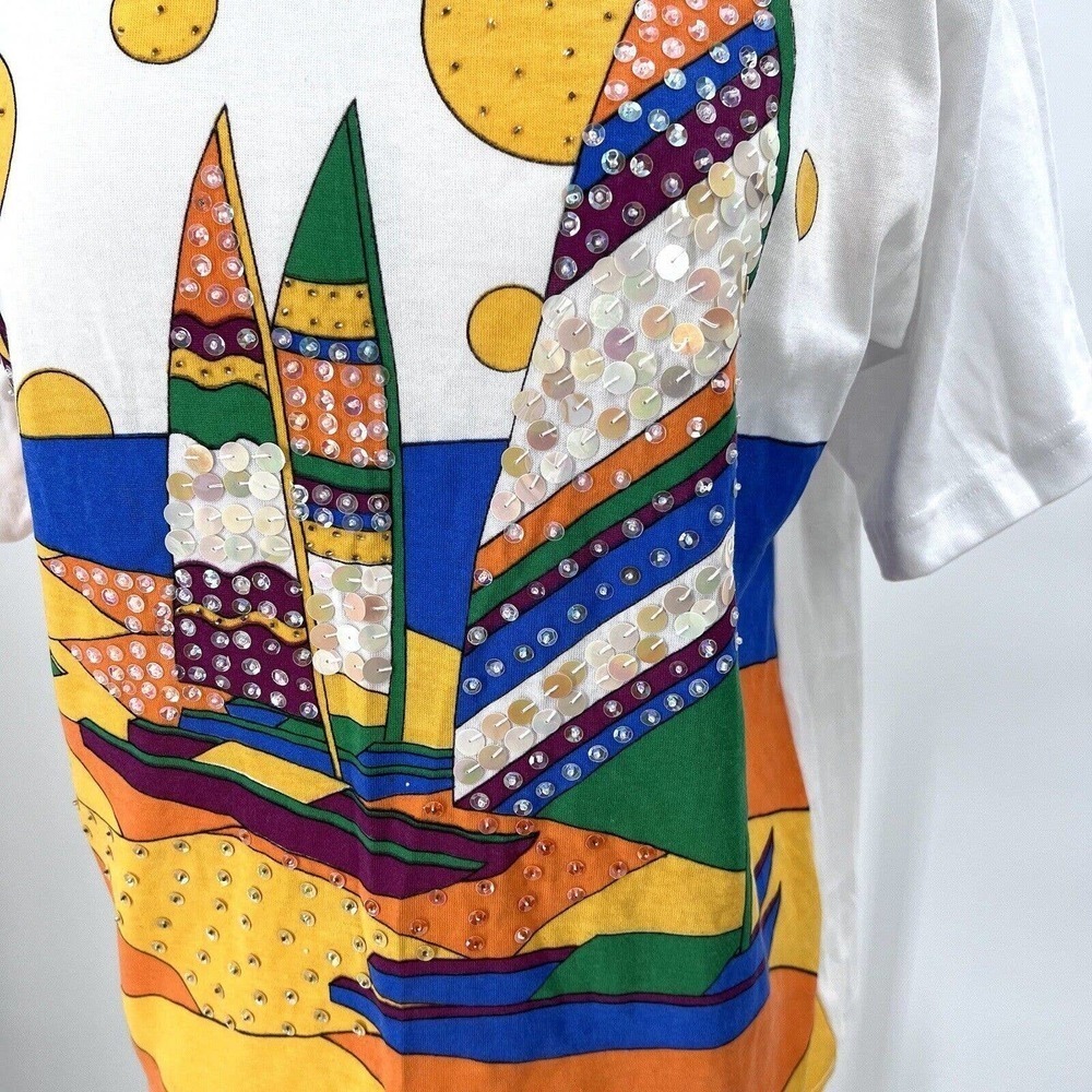 Vintage 90s Colorful Embellished Sailboat T-Shirt Shoulder Pads - Picture 5 of 8